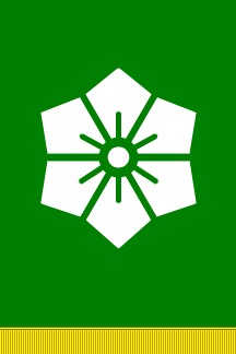 [green hanging banner with a white flower centered]